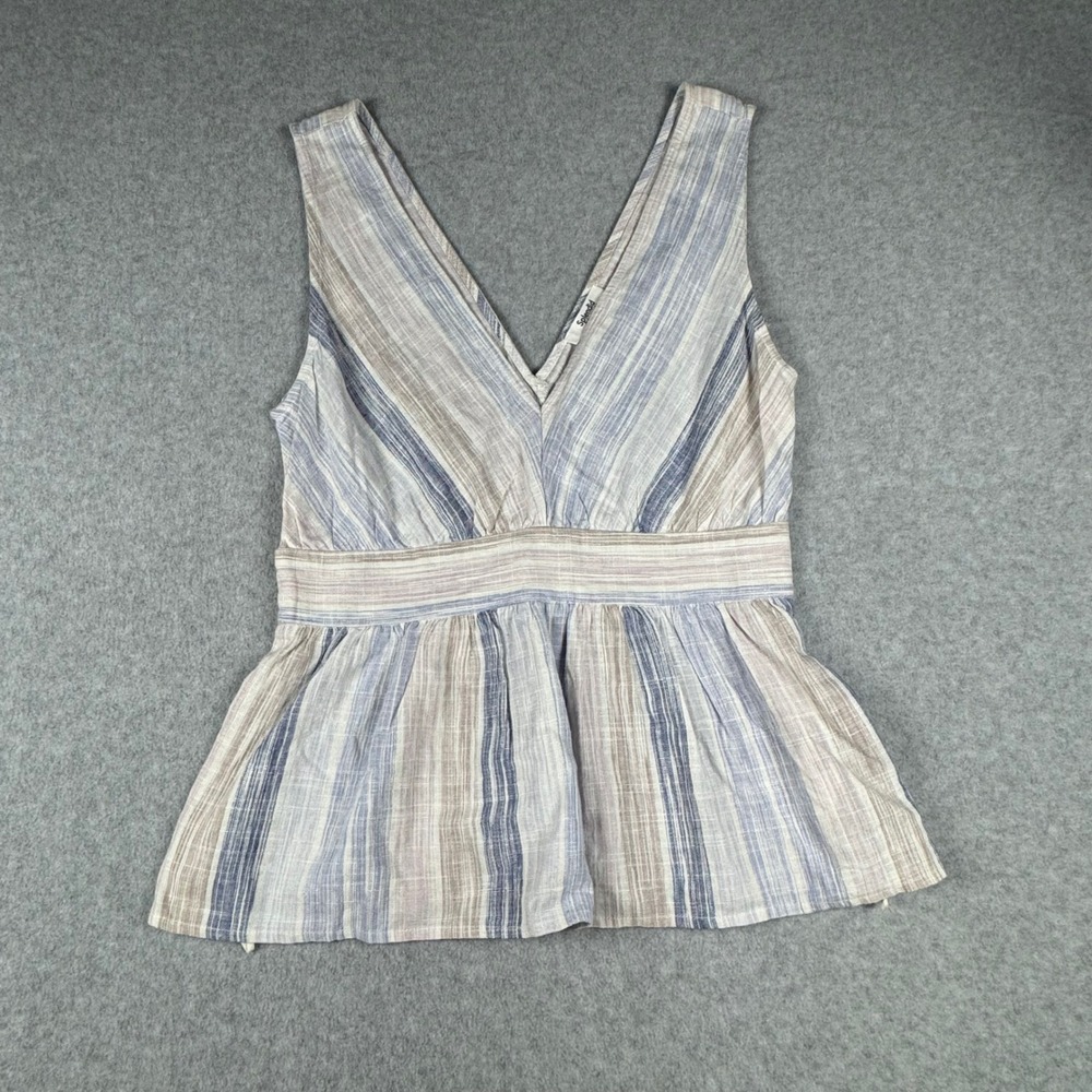 Splendid Collection Striped Peplum Tank Top V-Neck Blue Tan Linen‎ Blend Small